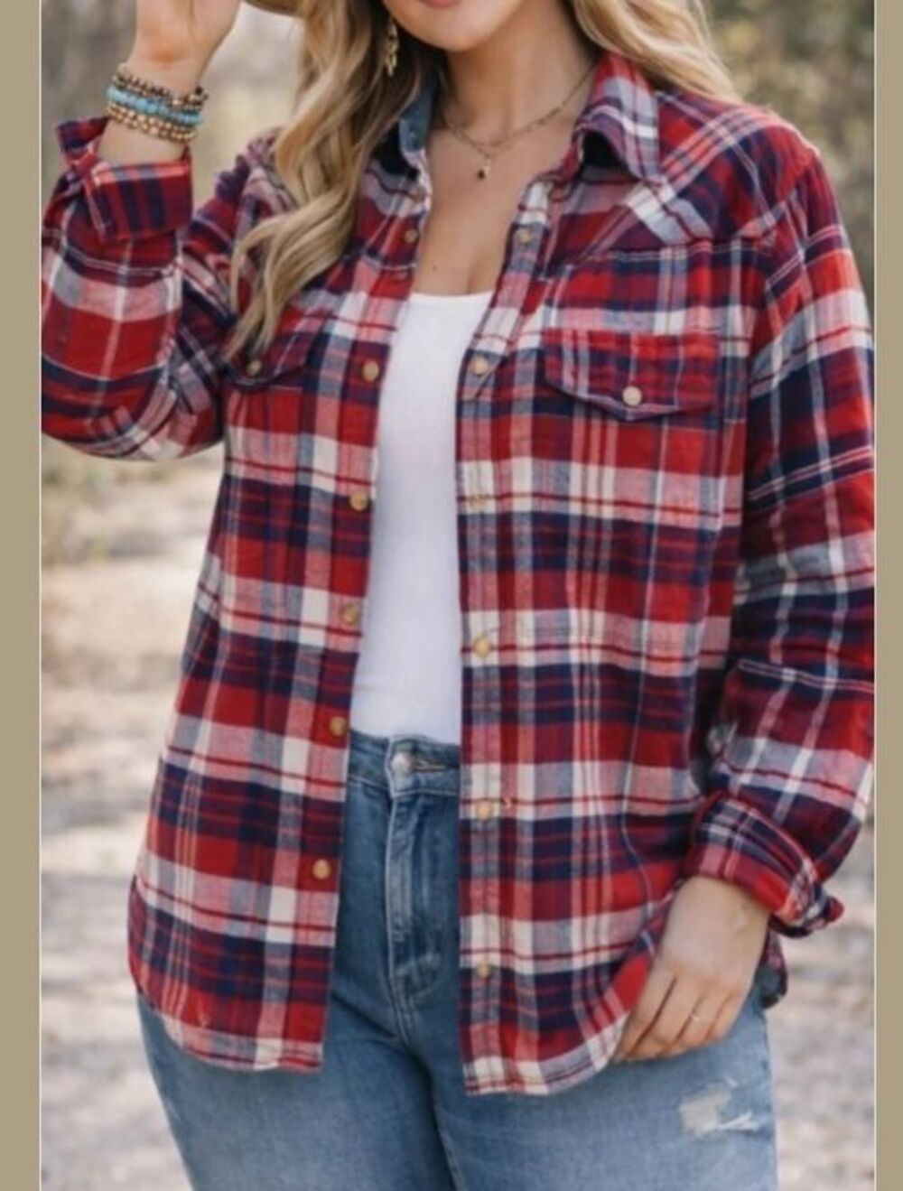 JACHS Girlfriend Red Blue Plaid Pearl Snap Shirt L Western Cowgirl Americana